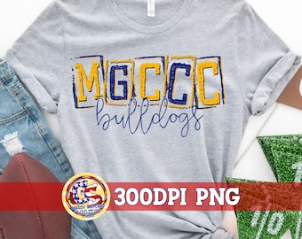 May include: Gray t-shirt with a distressed yellow and blue graphic that says "MGCCC Bulldogs".