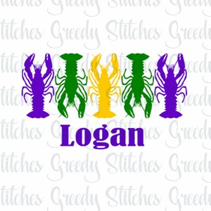 May include: Five crawfish in a row, each a different color: purple, green, yellow, green, and purple. The crawfish are facing forward with their claws raised. The word "Logan" is written in purple below the crawfish.