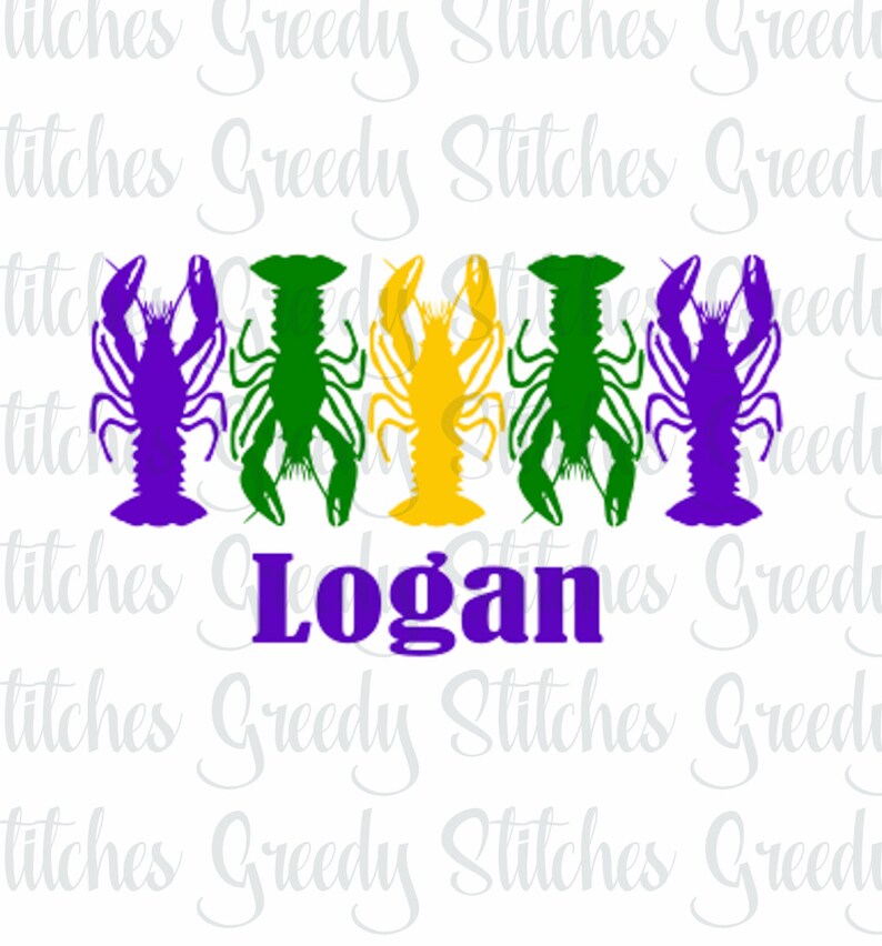 May include: Five crawfish in a row, each a different color: purple, green, yellow, green, and purple. The crawfish are facing forward with their claws raised. The word "Logan" is written in purple below the crawfish.