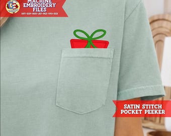 Christmas Gift Pocket Peeker Applique Embroidery Design | Christmas Embroider Design | Christmas Pocket Peeker PeS | Pocket Design DsT