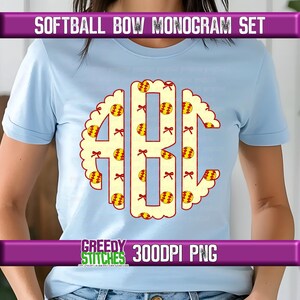 May include: A light blue t-shirt with a white and red monogram featuring the letters A, B, and C. The monogram is surrounded by a scalloped border and filled with a pattern of yellow softball graphics with red bows. The text "GREEDY STITCHES 300DPI PNG" is at the bottom of the image.