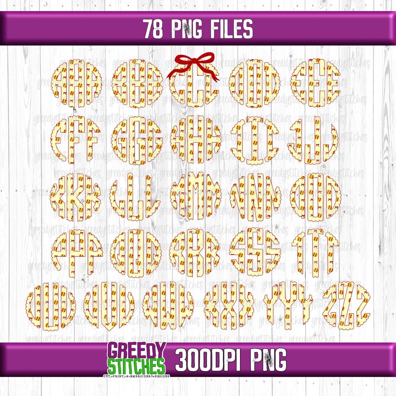 May include: A set of 26 monogram letters in a circle design. The letters are made up of a yellow and red baseball pattern. The letters are in a white circle with a red outline. The letters are arranged in alphabetical order. The text "78 PNG FILES" is at the top of the image. The text "GREEDY STITCHES 300DPI PNG" is at the bottom of the image.
