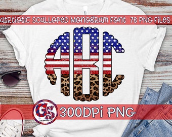 May include: A white t-shirt with a red, white, and blue American flag and leopard print monogram design. The text "Patriotic Scalloped Monogram Font 78 PNG Files" and "300DPI PNG" are also on the shirt.