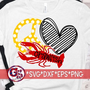 Peace Love Crawfish の SVG、DXF、EPS、PNG。Mardi Gras SvG | Love Crawfish SVG | Crawfish Boil | Crawfish SvG | カット ファイルの即時ダウンロード。