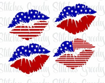 American Flag Lips Set of 4 svg, dxf, eps, png, and wmf. Lips SVG, American Flag SVG, Red | White | Blue svg, Instant Download Cut File.