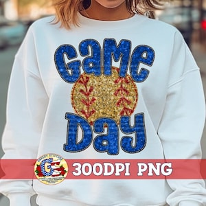 Softball Game Day Royal Blue Faux Sequin Embroidery PnG Sublimation | Faux Sequins Softball PnG | Gold Sequin Game Day | Faux Embroidery PNG