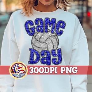Volleyball Game Day Royal Blue Faux Embroidery Sequins PNG | Volleyball | Faux Embroidery Volleyball PnG | Volleyball PNG | Faux Sequins PnG