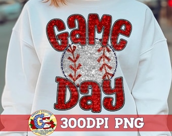 Baseball Game Day Red Faux Sequin Embroidery PnG Sublimation | Faux Sequins Baseball PnG | Sequin Game Day Png | Faux Embroidery PNG
