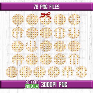 May include: A set of 26 monogram letters in a circle design. The letters are made up of a yellow and red baseball pattern. The letters are in a white circle with a red outline. The letters are arranged in alphabetical order. The text "78 PNG FILES" is at the top of the image. The text "GREEDY STITCHES 300DPI PNG" is at the bottom of the image.