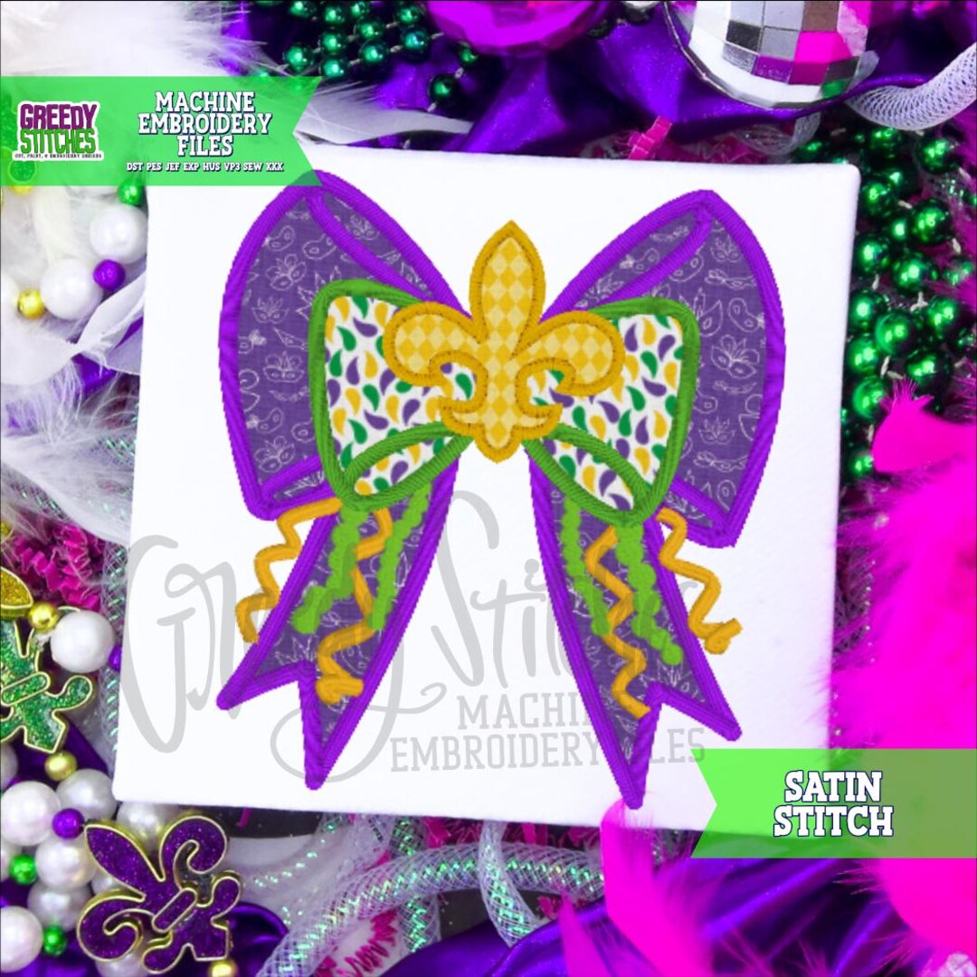 Mardi Gras Coquette Bow Satin Stitch Applique Machine Embroidery Design ...