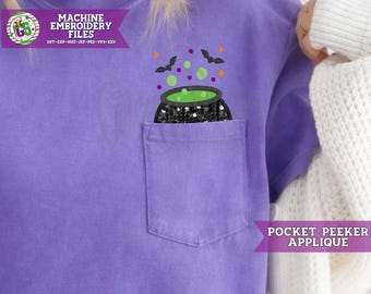 Cauldron with Bats Applique Pocket Peaker Machine Embroidery Applique | Halloween DST | CauldronPocket Embroidery | Cauldron Halloween PeS
