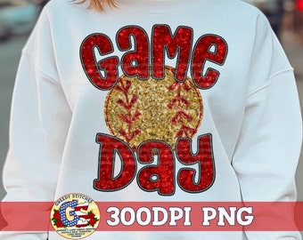Softball Game Day Red Faux Sequin Embroidery PnG Sublimation | Faux Sequins Softball PnG | Gold Sequin Game Day Png | Faux Embroidery PNG