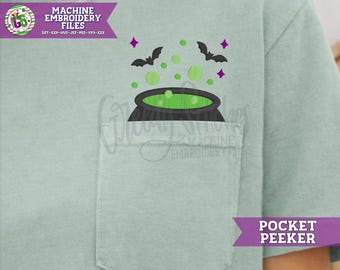 Bubbling Cauldron with Bats Pocket Peaker Machine Embroidery Applique | Halloween DST | Cauldron Pocket Embroidery | Cauldron Halloween PeS