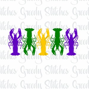 May include: Five crawfish silhouettes in a row. The crawfish are purple, green, yellow, green, and purple. The crawfish are facing the viewer with their claws raised.