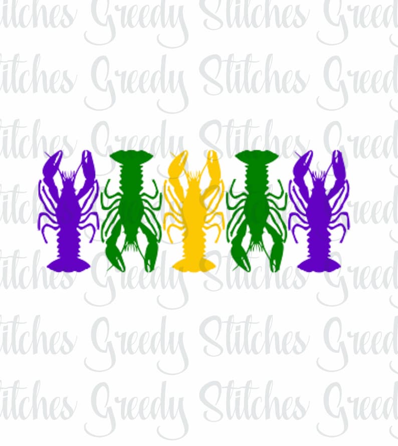 May include: Five crawfish silhouettes in a row. The crawfish are purple, green, yellow, green, and purple. The crawfish are facing the viewer with their claws raised.