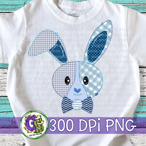 May include: A white t-shirt with a blue and white patchwork bunny design. The bunny has a blue bow tie with white stripes. The text "300 DPI PNG" is visible at the bottom of the image.