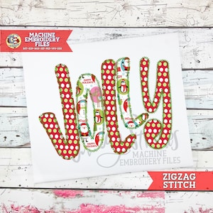 May include: A white background features the word "JOY" in a festive design. The letters are red with white polka dots and green zigzag stitching. The letters are filled with holiday-themed images and the words "Happy Holidays".