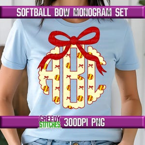 May include: A light blue t-shirt with a white and yellow softball monogram design. The monogram is surrounded by a red bow and a scalloped border. The text "GREEDY STITCHES 300DPI PNG" is at the bottom of the image.