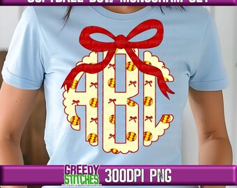 Softball Bow Scalloped Monogram PnG | Softball Monogram | Softball Monogram PnG | Scallop Monogram PnG | Softball Coquette Bow Monogram PnG