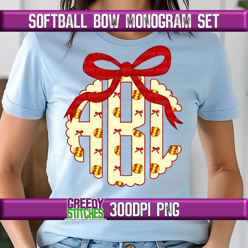May include: A light blue t-shirt with a white and yellow softball monogram design. The monogram is surrounded by a red bow and a scalloped border. The text "GREEDY STITCHES 300DPI PNG" is at the bottom of the image.