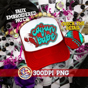May include: Red and white trucker hat with a faux embroidered patch that says "cajun babe" with a red lobster. The patch has a blue and white outline. The hat is on a black and white checkered background. 300DPI PNG.