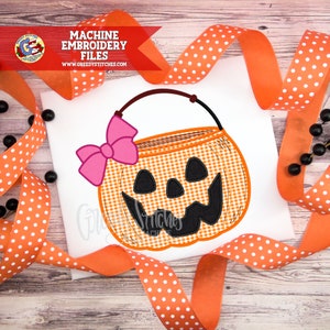Pumpkin Bucket with Bow Satin Stitch Machine Embroidery Applique | Trick or Treat Bucket PES | Halloween Bucket DST | Halloween Bucket DST