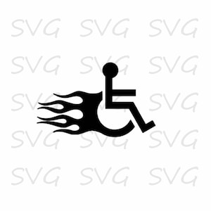 Peut inclure: Silhouette noire et blanche d'une personne en fauteuil roulant avec des flammes derrière elle. Le fauteuil roulant avance, comme s'il roulait à toute vitesse.