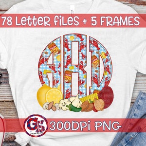 May include: A white t-shirt with a red, blue and yellow monogram design featuring a circle with the letters "A B D" inside. The circle is filled with a pattern of red crawfish, blue and white gingham, and yellow lemons. The text "78 Letter files + 5 Frames" is at the top of the shirt and the text "300DPI PNG" is at the bottom of the shirt.