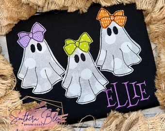 Bow Ghost Trio Bean Stitch Machine Embroidery Applique | Ghost Embroidery Design | Ghost with Bow Applique PES | Coquette Ghost DST | Ghost