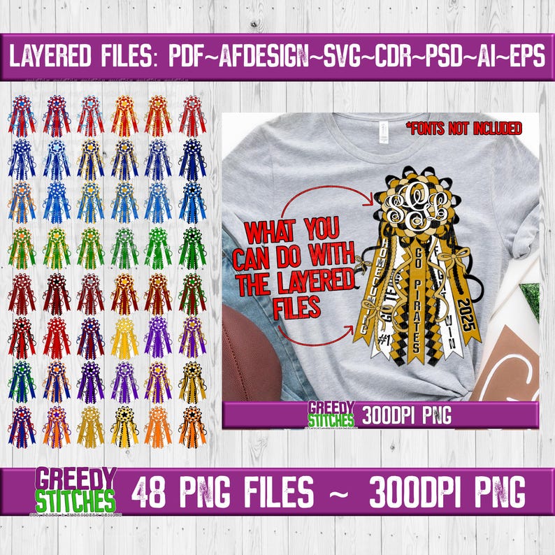 May include: A set of 48 layered PNG files for creating a graduation sash design. The design features a gold and black ribbon with the text "Go Pirates" and "2025". The files are 300 DPI and can be used for crafting, scrapbooking, and other creative projects.