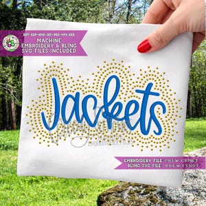 May include: White fabric with the word "Jackets" in blue script, surrounded by gold dots. The text "MACHINE EMBROIDERY & BLING SVG FILES INCLUDED" is at the top. The bottom has the text "EMBROIDERY FILE: 7.913"W X 3.796"T" and "BLING SVG FILE: 10.016"W X 5.923"T".