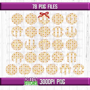 May include: A set of 26 monogram letters in a circle design. The letters are made up of a yellow and red baseball pattern. The letters are in a white circle with a red outline. The letters are arranged in alphabetical order. The text "78 PNG FILES" is at the top of the image. The text "GREEDY STITCHES 300DPI PNG" is at the bottom of the image.