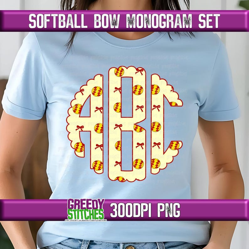 May include: A light blue t-shirt with a white monogram featuring the letters A, B, and C. The monogram is surrounded by a scalloped border and filled with a pattern of yellow and red softball designs with red bows. The text "GREEDY STITCHES 300DPI PNG" is at the bottom of the image.