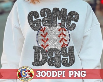Baseball Game Day Black Faux Sequin Embroidery PnG Sublimati | Faux Sequins Baseball PnG | Black Sequin Game Day Png | Faux Embroidery PNG