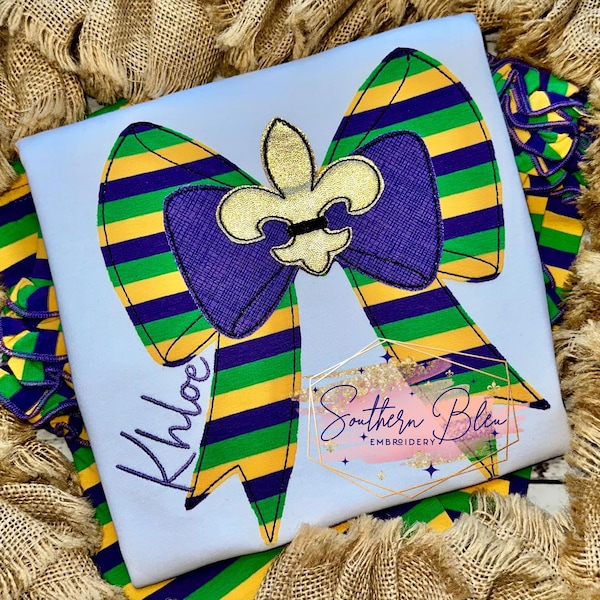 Mardi Gras Coquette Bow Bean Stitch Applique Machine Embroidery Design | Mardi Gras Bow Embroidery Design | Mardi Gras Bow PES | Mardi Gras