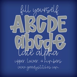 Pode incluir: Gráfico digital em fundo azul com as palavras brancas "fill yourself" acima de um alfabeto cinza rendado. O alfabeto inclui letras maiúsculas e minúsculas, com as palavras "lace alpha" abaixo. O texto "upper, lower, & numbers" e um endereço web também estão incluídos.