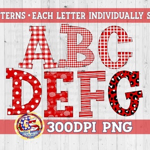 May include: Digital alphabet letters in red and white patterns, including gingham, polka dots, and stripes. The image includes the text "7 PATTERNS • EACH LETTER INDIVIDUALLY SAVED" and "300DPI PNG". The letters are displayed on a white wood grain background.