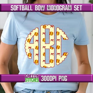 May include: A light blue t-shirt with a white and red monogram featuring the letters A, B, and C. The monogram is surrounded by a scalloped border and filled with a pattern of yellow softball and red bows. The text "GREEDY STITCHES 300DPI PNG" is at the bottom of the image.