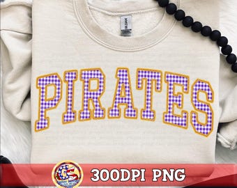 Gingham Pirates Faux Embroidery PNG Purple Yellow | Pirates Gingham PNG | Gingham Pirates PnG | Gingham Pirates Mascot PnG | Faux Embroider