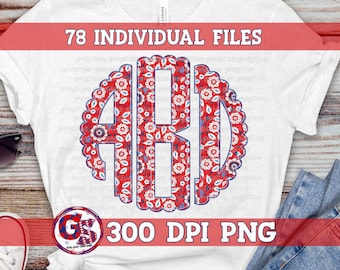 4. Juli Monogramm PNG | Floral ausgebogten Monogramm Set PnG | Unabhängigkeitstag PnG | Patriotische Blumen PnG | Amerika PnG | Sofort Download