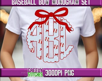 Conjunto de monograma festoneado con lazo de béisbol PnG / Monograma de lazo de béisbol PnG / Monograma de béisbol PnG / Lazo de coqueta con monograma festoneado PnG