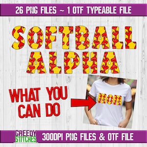 Peut inclure: Un ensemble de designs numériques présentant les lettres de l'alphabet dans un motif de balle de softball. Les lettres sont jaunes avec des coutures rouges et sont soulignées de noir. Les lettres sont disposées en rangée et les mots "SOFTBALL ALPHA" sont écrits au-dessus des lettres. Les mots "WHAT YOU CAN DO" sont écrits en dessous des lettres. Une flèche rouge pointe vers un t-shirt blanc avec le mot "MOM" écrit dessus dans le même motif de balle de softball. Les mots "26 PNG FILES ~ 1 OTF TYPEABLE FILE" et "300DPI PNG FILES & OTF FILE" sont écrits en haut et en bas de l'image.