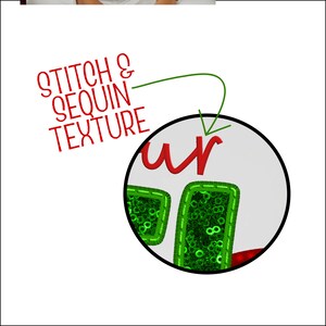 May include: Close-up of a white surface with red embroidered text and green sequin-filled shapes. The text "Stitch & Sequin Texture" is in red. The green shapes are outlined with green stitching.