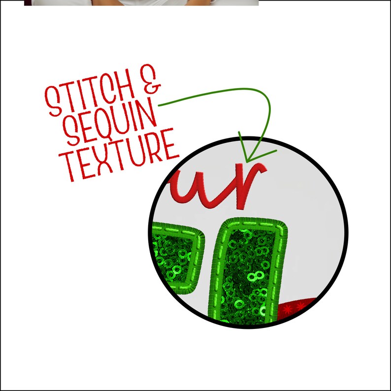May include: Close-up of a white surface with red embroidered text and green sequin-filled shapes. The text "Stitch & Sequin Texture" is in red. The green shapes are outlined with green stitching.