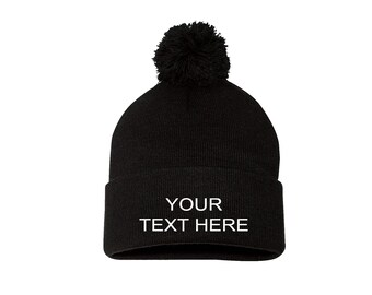 Custom Text Cap Pom Beanie Customized Gift Customized Beanie Hat Winter Hats Embroider Your Personalized Pom Beanie Hat Tumblr Beanies