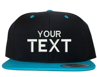 Black & Aqua Custom Embroidered Snapback, Your Own Personalized Hat Custom Hat on a Yupoong Classic Snapback, Choose Your Text