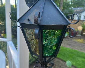 Vintage Wrought Iron Spanish Stained Glass Light Lantern Hanging Multi Colored