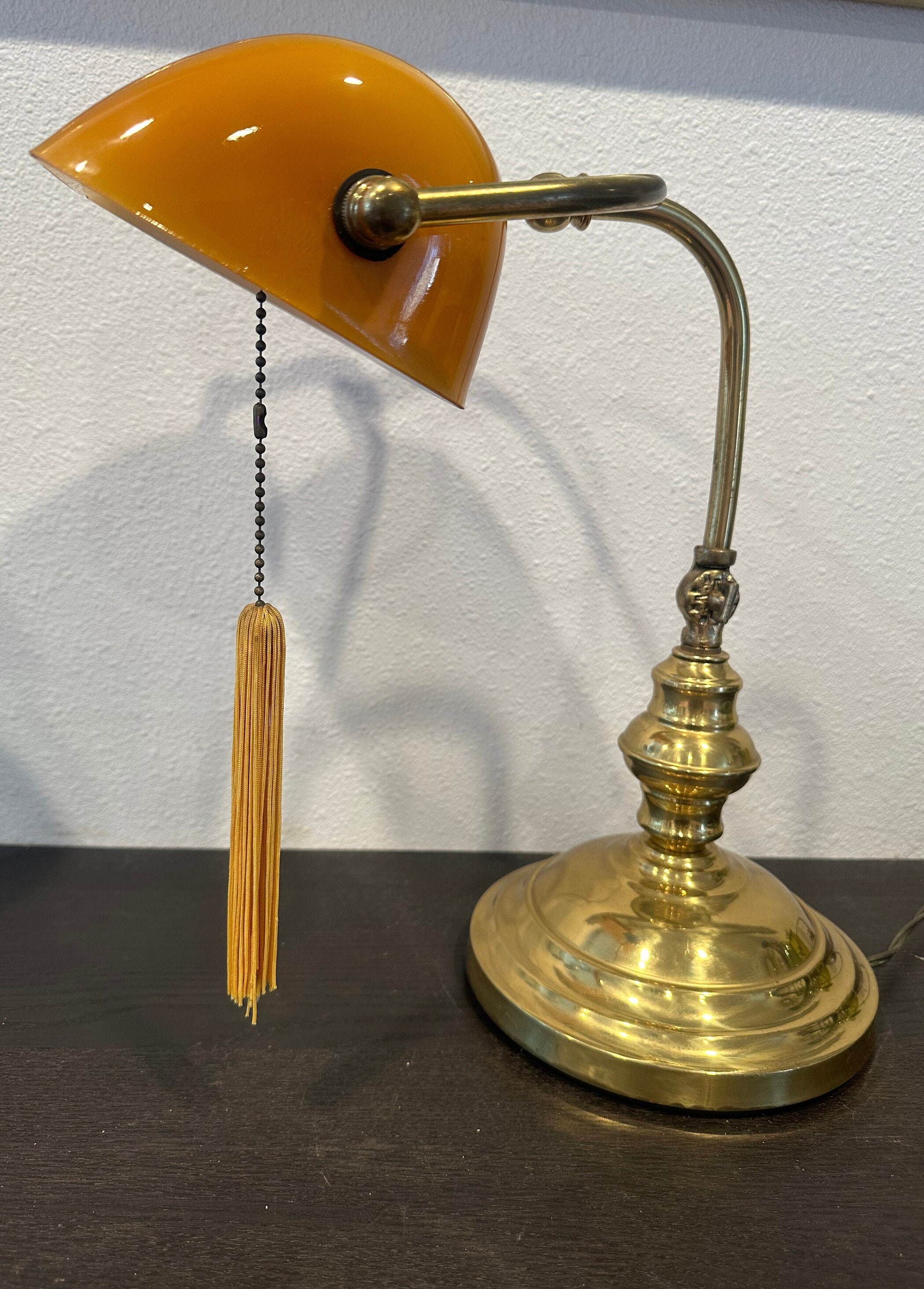 Vintage Brass Bankers Lamp With Gold Amber Shade Adjustable