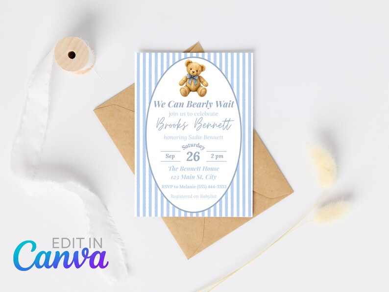 Editable We Can Bearly Wait Baby Shower Invitation, Blue Stripe Teddy ...