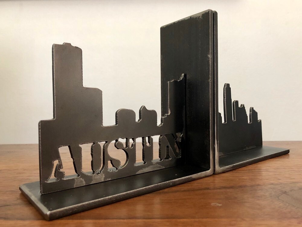 Austin Home Decor, Bookends, Cityscape Lover Gift, Skyline, Cityscape, Metal Bookend Art